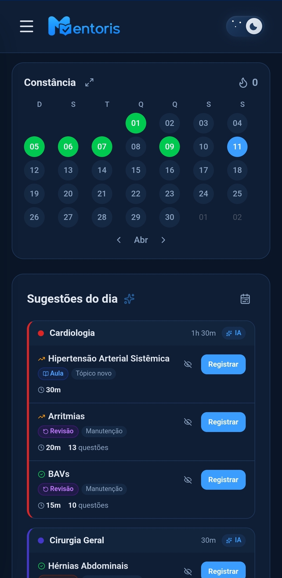 Calendário e sugestões da IA